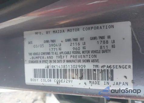 2005 Mazda Mazda3 S z USA, uszkodzony, nr VIN JM1BK143851302909